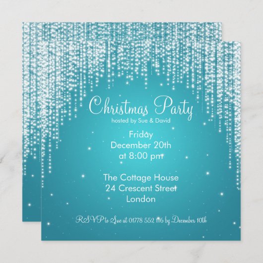 パーティの招待状エレガント落下輝き青 招待状 (正面/裏面)