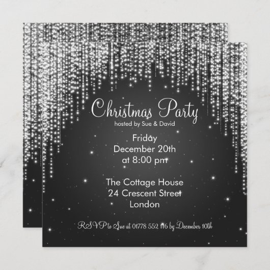 パーティの招待状エレガント落下輝き黒 招待状 (正面/裏面)