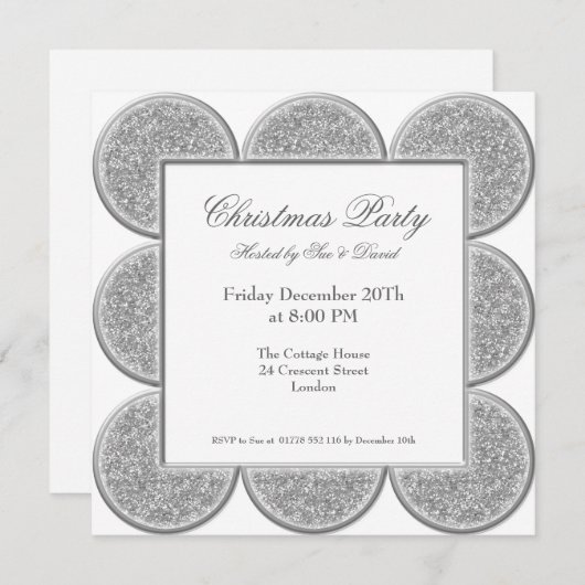 パーティの招待状スタイリッシュ銀グリッター枠 招待状 (正面/裏面)