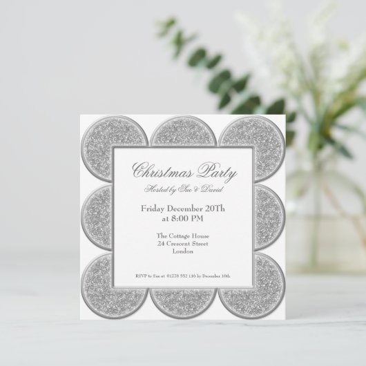 パーティの招待状スタイリッシュ銀グリッター枠 招待状 (スタンド正面)