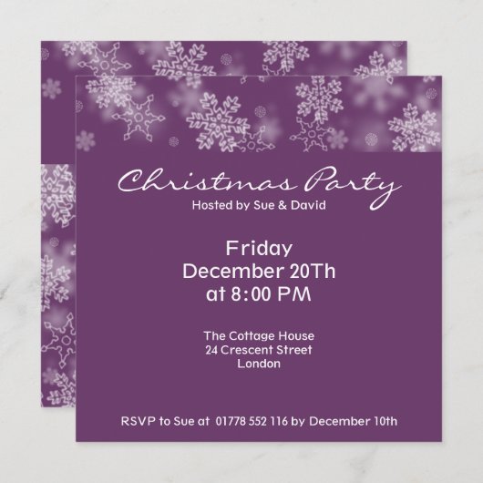 パーティの招待状落下するスノーフレークスプラムパープル 招待状 (正面/裏面)