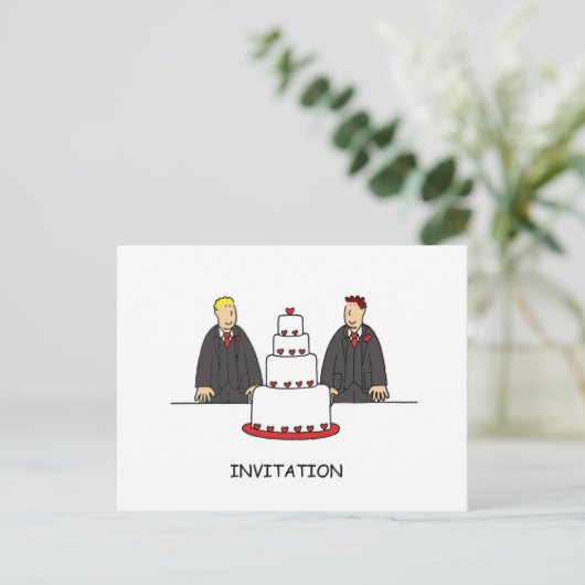 パーティの招待状2つのグルームズとケーキ インビテーションポストカード (スタンド正面)