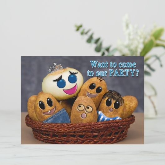 パーティの招待状、かごの中のポテトキャラクター 招待状 (スタンド正面)