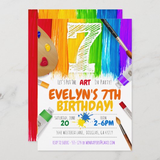 パーティの招待状、アー絵画トバースデーパーティー- 7 招待状 (正面/裏面)