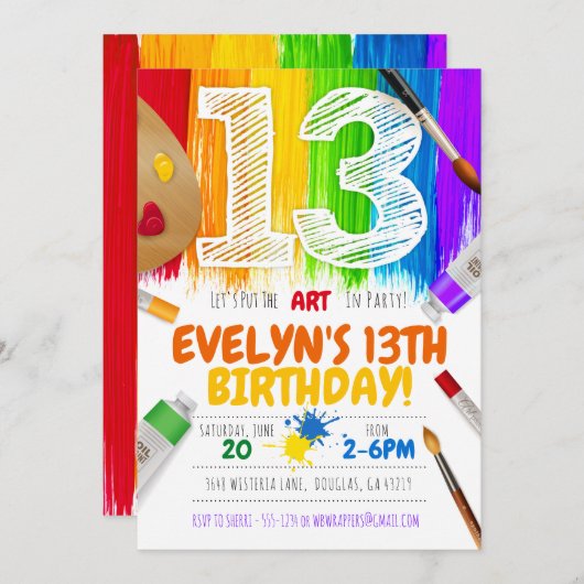 パーティの招待状、アー絵画ト·バースデー·パーティー- 13 招待状 (正面/裏面)