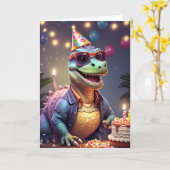 パーティーおもしろいで微笑む恐竜 |カード カード (黄色い花)