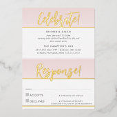 パーティーお祝いおよび応答カードピンク金ゴールド 箔招待状 (正面)