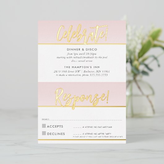 パーティーお祝いおよび応答カードピンク金ゴールド 箔招待状 (立ち正面)