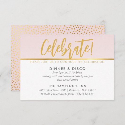 パーティーお祝いカード淡い色のピンク金ゴールド水玉模様 招待状 (正面/裏面)