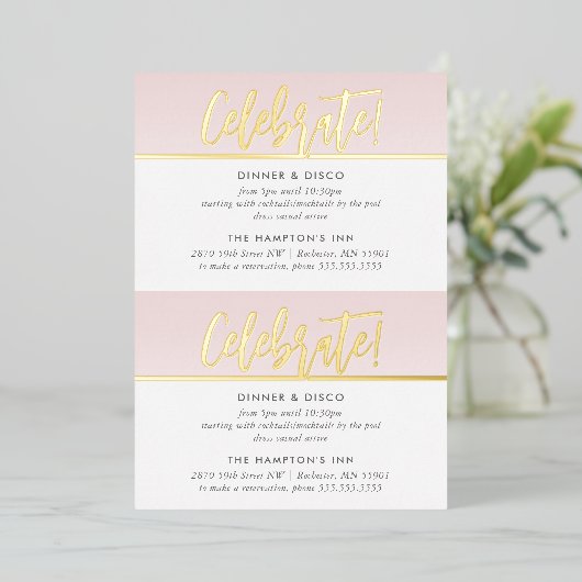 パーティーお祝いカード淡い色のピンク金ゴールド水玉模様 箔招待状 (立ち正面)