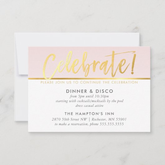 パーティーお祝いカード淡い色の赤面ピンクフェイク金ゴールド 招待状 (正面)