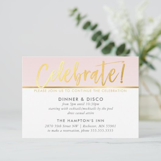 パーティーお祝いカード淡い色の赤面ピンクフェイク金ゴールド 招待状 (スタンド正面)