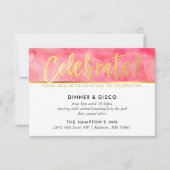 パーティーお祝いコーラルピンク水色金ゴールド型 招待状 (正面)