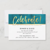 パーティーお祝いティール(緑がかった色)青色水色金ゴールド型 招待状 (正面)