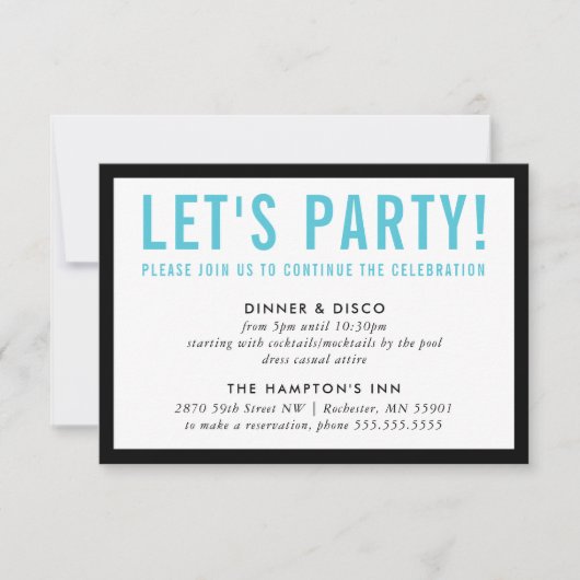 パーティーお祝い情モダン報はっきりした黒アクアブルー 招待状 (正面)