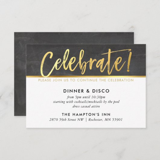 パーティーお祝い詳細灰色の黒板金ゴールド 招待状 (正面/裏面)