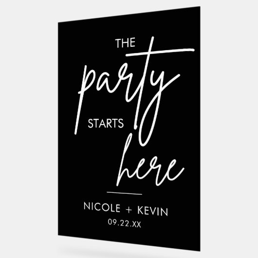 パーティーが始まるウェディングウェルカムブラック アクリルサイン (傾斜)