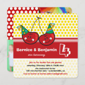 パーティーさくらんぼキッズツインズジョイント誕生日写真 招待状 (正面/裏面)