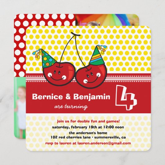 パーティーさくらんぼキッズツインズジョイント誕生日写真 招待状 (正面/裏面)