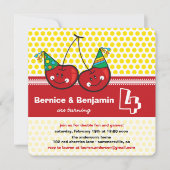 パーティーさくらんぼキッズツインズジョイント誕生日写真 招待状 (正面)