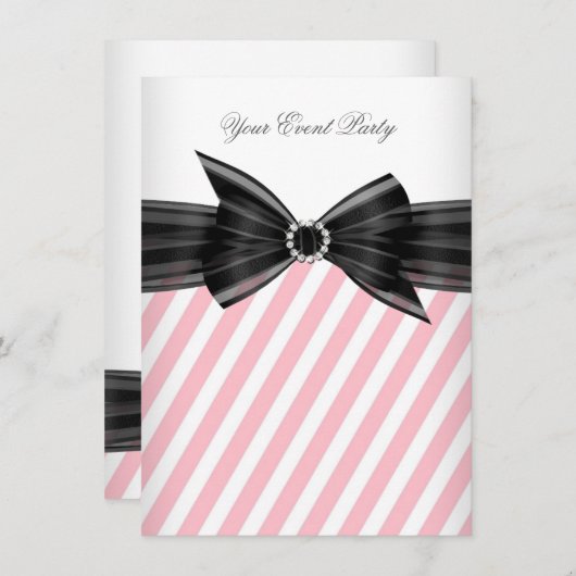 パーティーすべての行事ピンク白黒ストライプ 招待状 (正面/裏面)