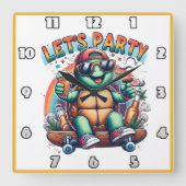 パーティーでの陽気な亀のスケートボー鮮やかド スクエア壁時計 (正面)