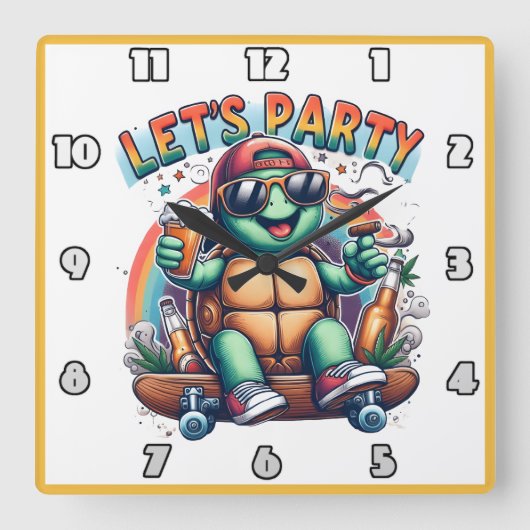 パーティーでの陽気な亀のスケートボー鮮やかド スクエア壁時計 (正面)