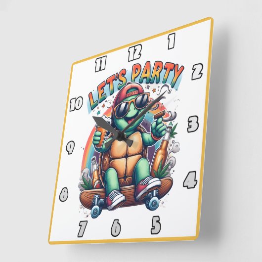 パーティーでの陽気な亀のスケートボー鮮やかド スクエア壁時計 (傾斜)