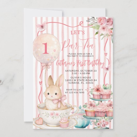 パーティーで紅茶を Let's Par Tea ピンクストライプ うさぎ 誕生日 招待状 (正面)