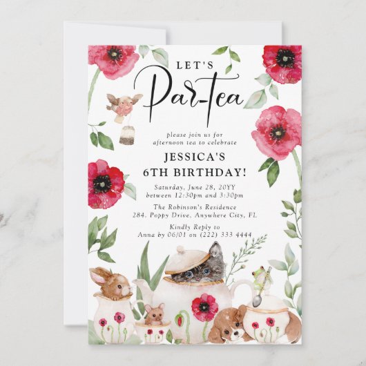 パーティーとケシ:小さな女の子の誕生日 招待状 (正面)