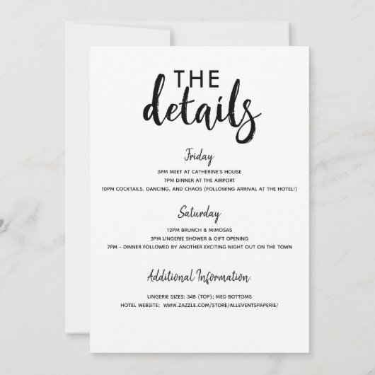 パーティーと花嫁バチェロレッテ詳細招待状 招待状 (裏面)