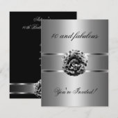 パーティーに招待 ブラック グレー 花 ファビュラス 40歳 招待状 (正面/裏面)