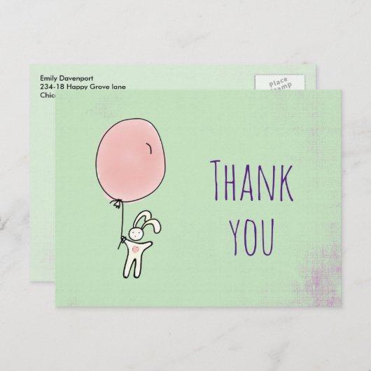 パーティーのお礼 かわいいウサギが風船を持ってる ポストカード (正面/裏面)