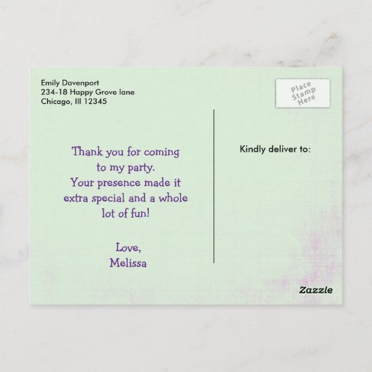 パーティーのお礼 かわいいウサギが風船を持ってる ポストカード (裏面)