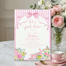 パーティーのお誘い ピンクの花柄ストライプでLet's Par-tea お誕生日会 招待状