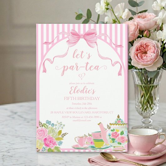 パーティーのお誘い ピンクの花柄ストライプでLet's Par-tea お誕生日会 招待状