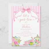 パーティーのお誘い ピンクの花柄ストライプでLet's Par-tea お誕生日会 招待状 (正面)