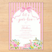 パーティーのお誘い ピンクの花柄ストライプでLet's Par-tea お誕生日 アクリル招待状 (正面)