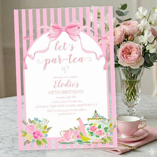 パーティーのお誘い ピンクの花柄ストライプでLet's Par-tea お誕生日 アクリル招待状