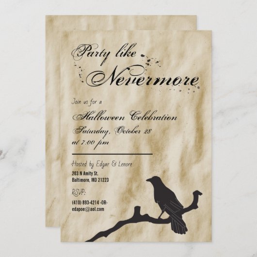 パーティーのようなネバーモアレイヴンシルエットハロウィーン 招待状 (正面/裏面)