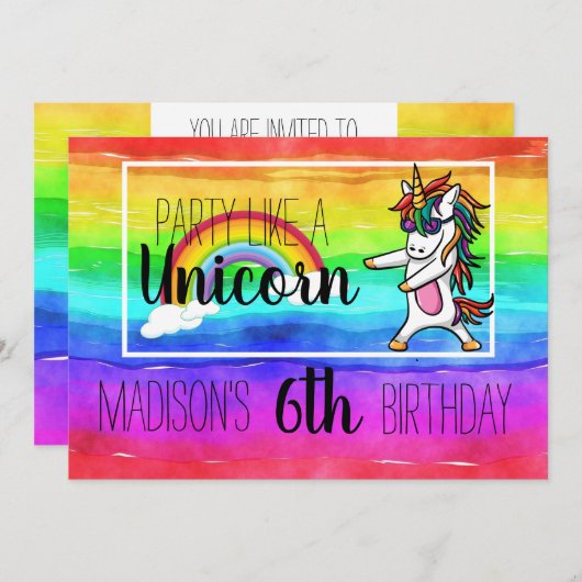 パーティーのようなユニコーンカラフル誕生日招待状 招待状 (正面/裏面)