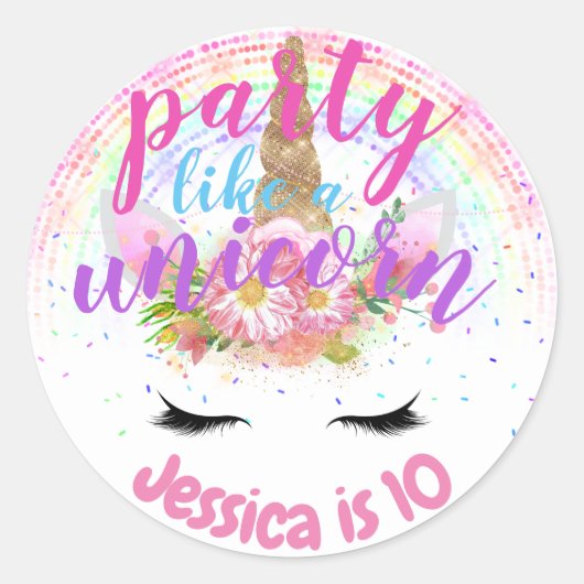パーティーのようなユニコーンピンクの金ゴールドグリッター女の子パーティー ラウンドシール (正面)