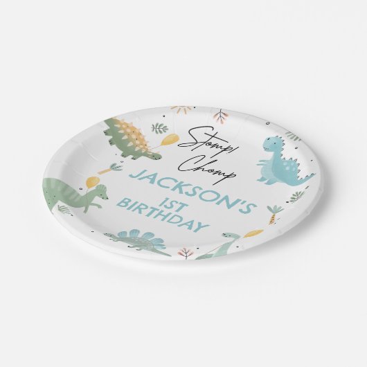パーティーのような恐竜の最初の誕生日ウェルカムサイン ペーパープレート (アングル)
