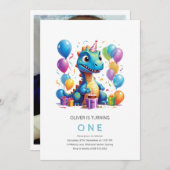 パーティーのような恐竜の最初の誕生日招待状 招待状 (正面/裏面)