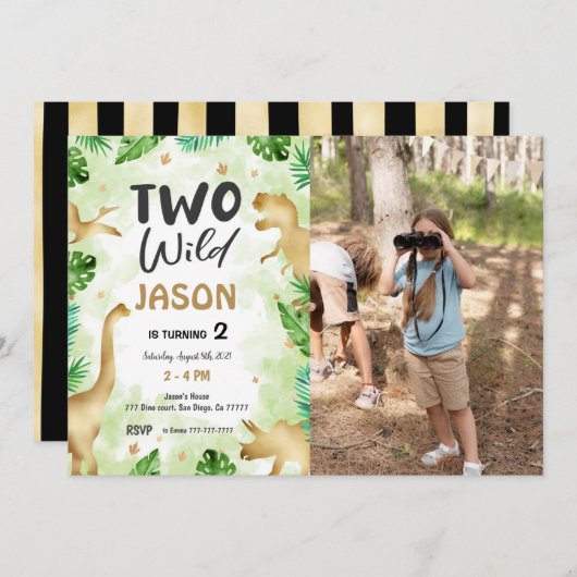 パーティーのような恐竜の誕生日写真 招待状 (正面/裏面)