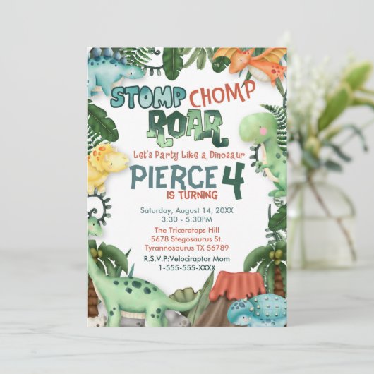 パーティーのような恐竜の誕生日招待状 招待状 (スタンド正面)
