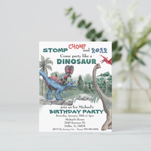 パーティーのような恐竜の誕生日水の色招待状 (スタンド正面)