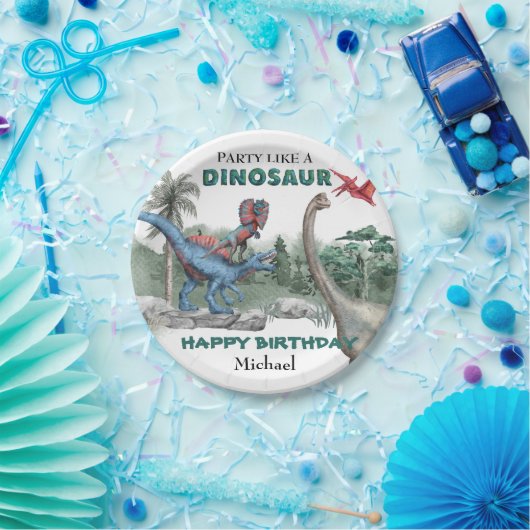 パーティーのような恐竜の誕生日水色 ペーパープレート (パーティー)