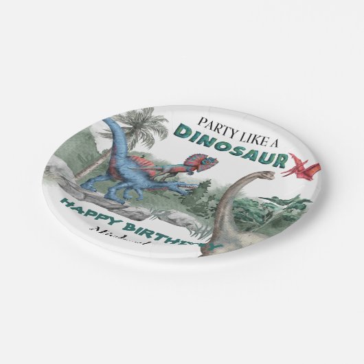 パーティーのような恐竜の誕生日水色 ペーパープレート (アングル)