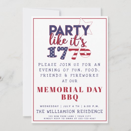 パーティーのように1776 – 米国国旗のメモリアルデーBBQ 招待状 (正面)